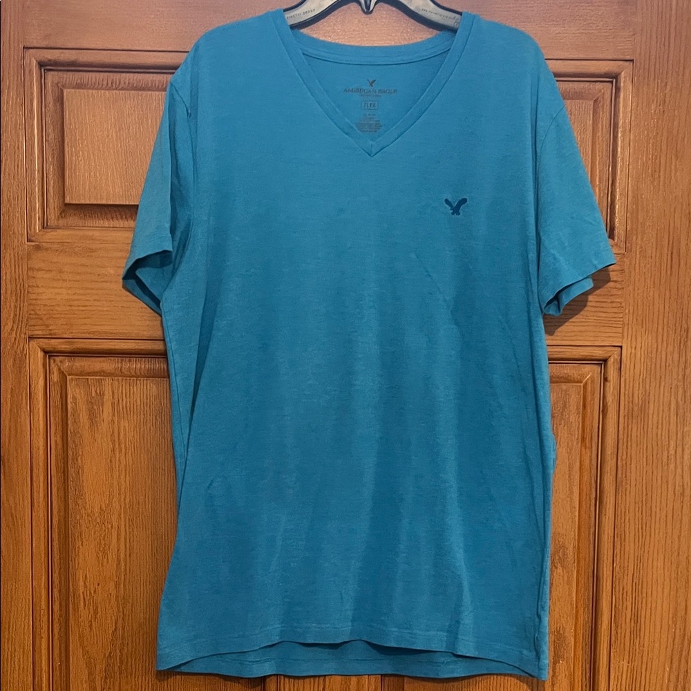 American Eagle Outfitters Men’s Teal V-Neck Tee with Navy Logo Accent